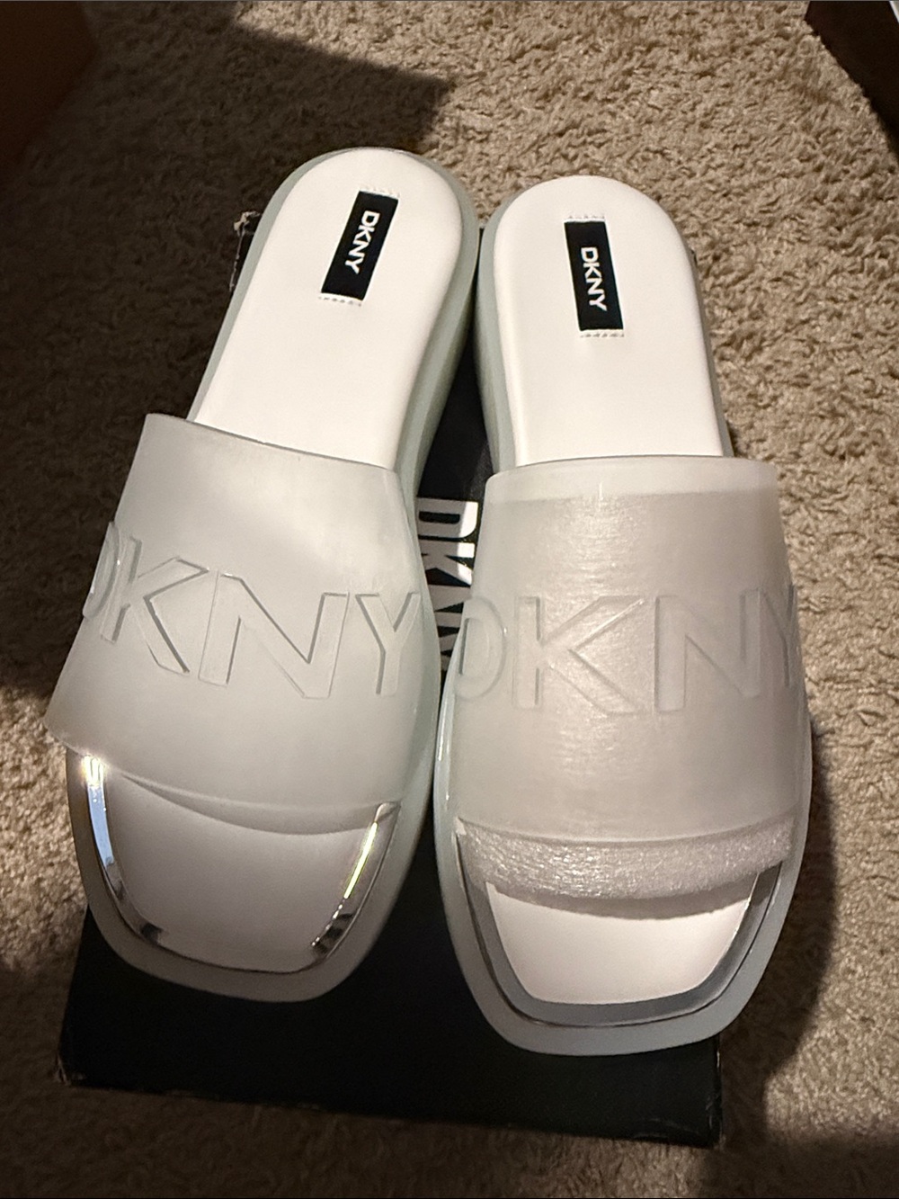 DKNY Frosted White Logo Slide Sandals with Silver Accent